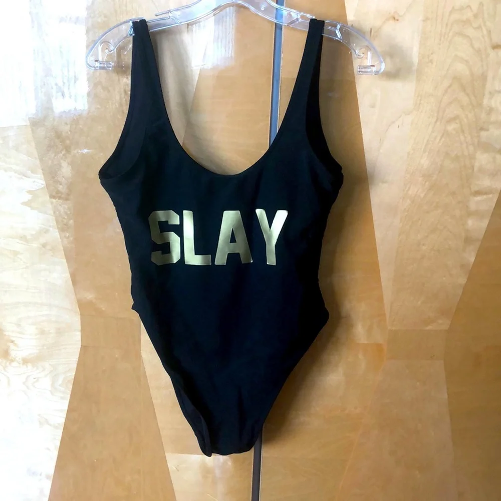 SLAY  one piece black and gold swimsuit